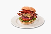 Bacon Cheeseburger on Sesame Seed Bun; On Plate