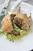 Stuffed quail on a savoy cabbage medley