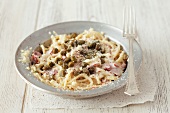 Spaghetti carbonara with capers and Parmesan