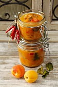 Apricot chutney with chilli peppers and kaffir lime leaves