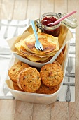 Cranberry muffins and ricotta pancakes with jam