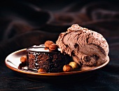 Chocolate tartlet with hazelnuts and chocolate ice cream