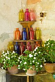 Coloured glass bottles and potted plants