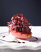 A Poached Pear with Bulls Blood Microgreens