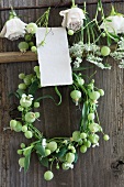 Wreath and flowers drying on a clothes hanger with note cards for writing on (cow parsley, campion, roses)
