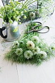 Nigella, scissors and pitcher with campion in front of a wire basket