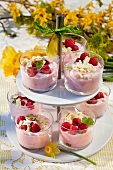 Raspberry cream with slivered almonds on an Easter buffet (Sweden)