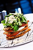 Fried Eggplant Caprese Salad with Arugula and Shaved Parmesan Cheese