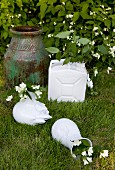 Sprigs of jasmine in white vases and old canister next to floor vase in garden