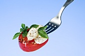 A slice of tomato with mozzarella and basil on a fork