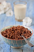 Chocolate rice crispies and a glass of milk