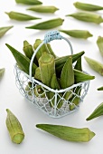 Okra pods in a wire basket and scattered around it