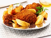 Spicy breaded chicken legs with potato wedges