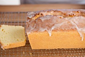 Lemon cake with a piece removed