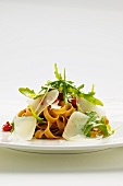 Spelt pasta with cherry tomatoes, rocket and Parmesan