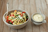 Soya bean salad with green beans, peppers, avocado and a yoghurt dressing