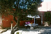 Gepflasterte Gartenterrasse mit Olivenbäumen und einer fröhlich gestalteten Sitzgruppe unter dem Sonnenschirm