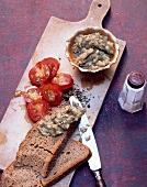 Vinete (Romanian aubergine salad) with bread and tomatoes