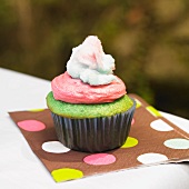 Green Cupcake with Pink Frosting and Cotton Candy