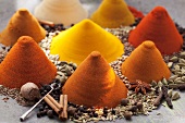 An arrangement of piles of spices