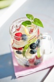Blackberries, Blueberries, Raspberries, Lemon and Lime in Mason Jar with Soda and Ice; Mint Garnish