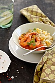 Prawns in tomato sauce with rice and sweetcorn