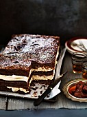 Chocolate puff pastry cake with white chocolate cream