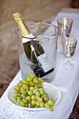 Bottle of champagne in cooler and dish of grapes on tablecloth on bench