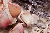 Garlic, lavender flowers and fennel seeds