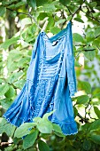 Blaues Vintage Kleid an Baum aufgehängt