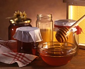 Honey Combs and Bowls of Honey; Wooden Dippers