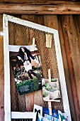 Old rabbit hutch door used as pinboard for collection of pictures