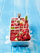 Strawberry sorbet as ice cubes