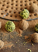 Chocolate Truffles Rolled in Cocoa Powder and Pistachios