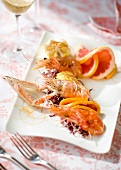 Skewers of prawn, langoustine and grapefruit