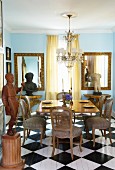 Curved dining chairs with mesh backrest on checkerboard floor in a traditional setting