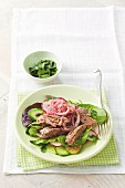 Grilled beef steak, cut into strips, with onions on cucumber salad