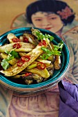 Steamed aubergines with chilli and coriander