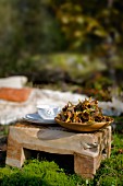 Dish of foraged woodland mushrooms and cutlery on rustic wooden stool on sunny moss in woodland clearing