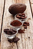 Chocolate squares, cocoa powder, cocoa beans and a cocoa pod