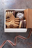 An assortment of biscuits in a small wooden box
