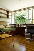 50s-style home office with desk and couch made from exotic wood