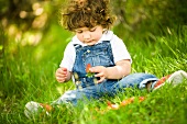 Kleiner Junge beim Erdbeerenessen auf einer Wiese sitzend
