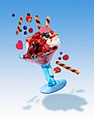 A flying ice cream sundae with flying decorations