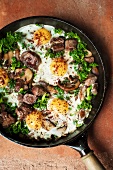 Fried eggs with lamb, mushrooms and kale in a frying pan