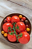 Maine Grown Tomatoes in a Bowl; Black Cherry, Sun Golds, Yellow Pear and Cherry; From Above