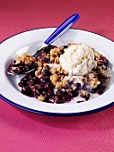 Blueberry crumble with vanilla ice cream