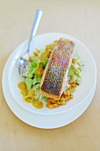 Mustard lentils with fried salmon fillet