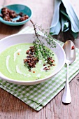 Cream of leek soup with fried bacon croutons
