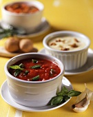 Tomato sauce with green beans and cheese sauce with croutons